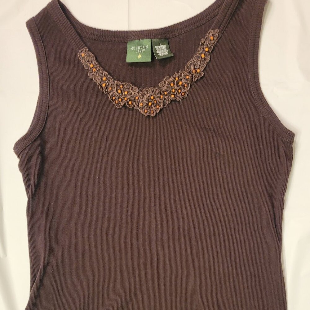 Brown Ribbed Tank Top Embellished Mounain Lake Womens Size L - Picture 2 of 11